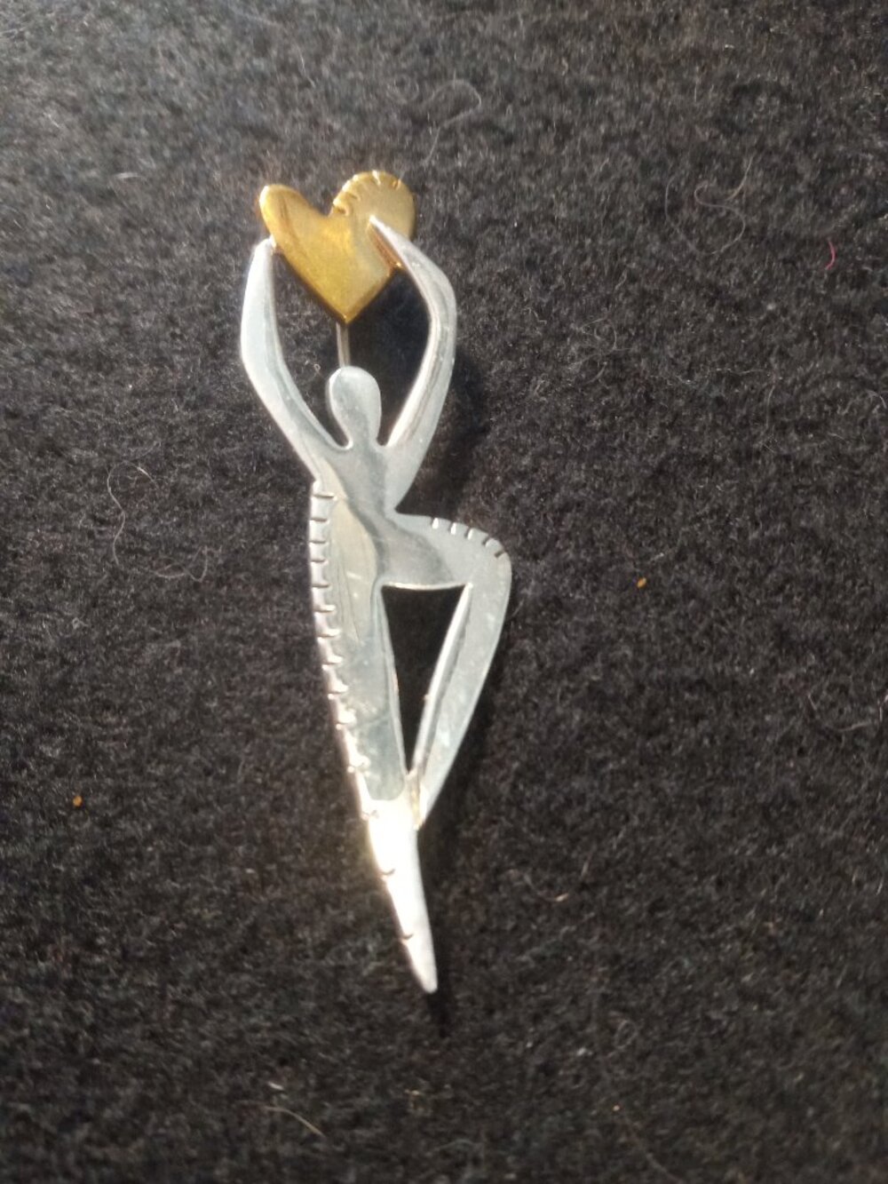 Vintage Far Fetched brooch.  Silver & bronze woman with heart brooch